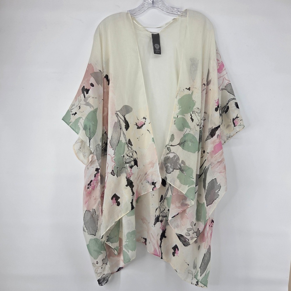 Vince Camuto Kimono Wrap‎ OS Ivory Pink Floral Watercolor Boho Art Coverup